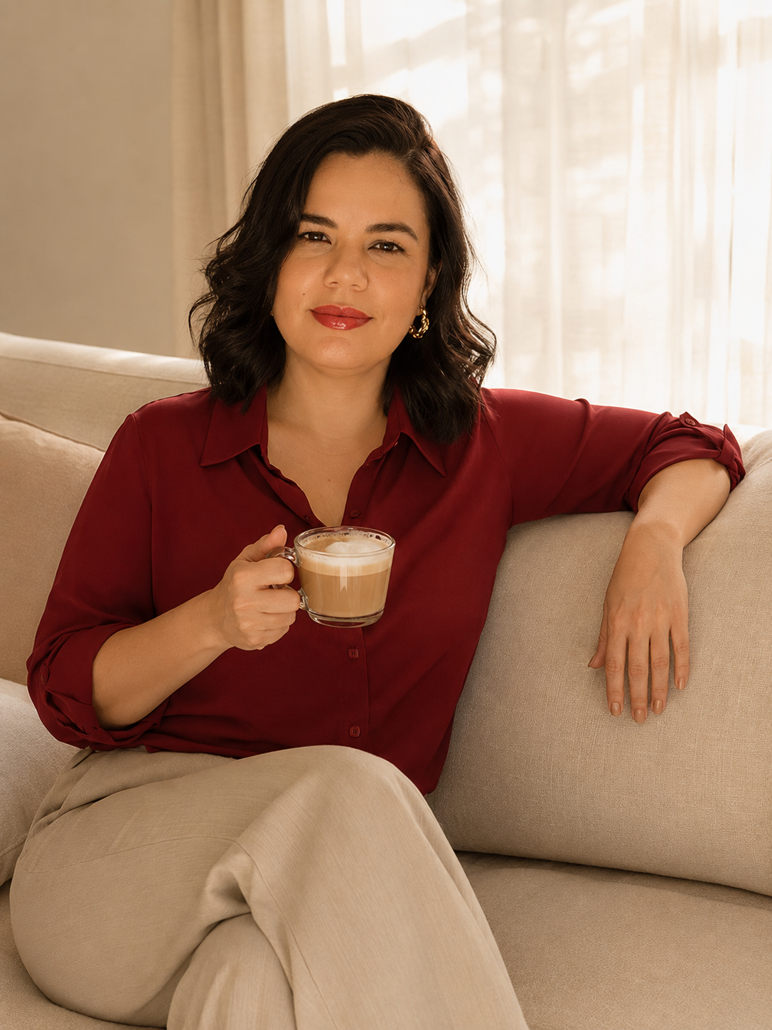 Ericka Araujo, criadora do Estética que Lucra, sentada em um sofá claro com uma xícara de cappuccino